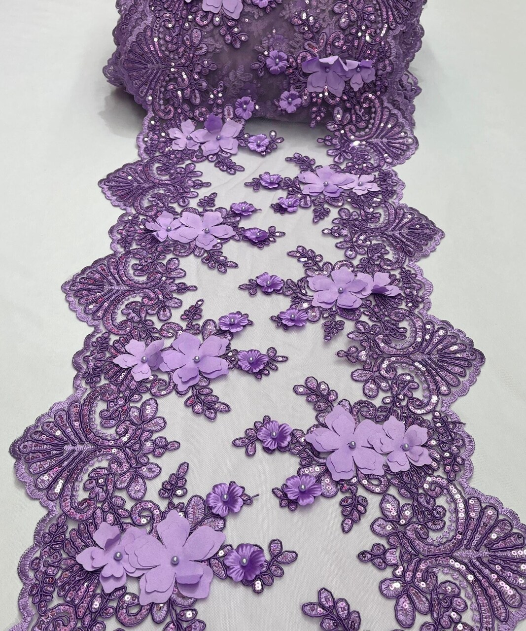 Lavender 3D Wide Floral Sequin & Mesh with Pearls Lace Trim for Table Runner 13"